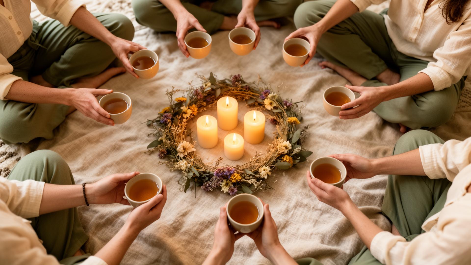 Hands holding warm tea cups in a meditation circle